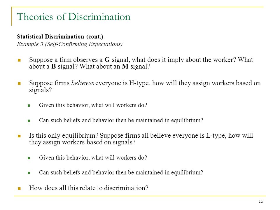 theories of discrimination Most economists are fully aware of two economic theories of discrimination, animus-based discrimination and statistical discrimination be on the lookout for institutional discrimination, which we want to remove from our classrooms and profession but include in lessons about how discrimination can affect economic markets. theories of discrimination Most economists are fully aware of two economic theories of discrimination, animus-based discrimination and statistical discrimination be on the lookout for institutional discrimination, which we want to remove from our classrooms and profession but include in lessons about how discrimination can affect economic markets.