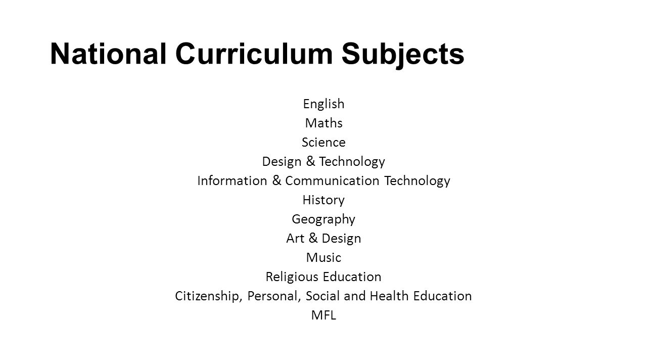 National Curriculum Subjects English Maths Science Design & Technology Information & Communication Technology History Geography Art & Design Music Religious Education Citizenship, Personal, Social and Health Education MFL