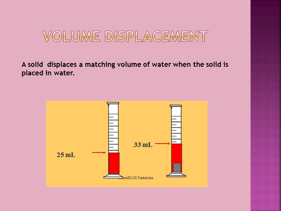 A solid displaces a matching volume of water when the solid is placed in water.
