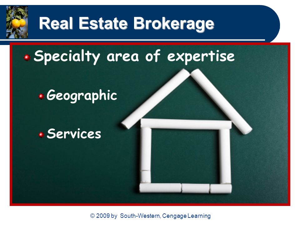 © 2009 by South-Western, Cengage Learning Real Estate Brokerage Specialty area of expertise Geographic Services