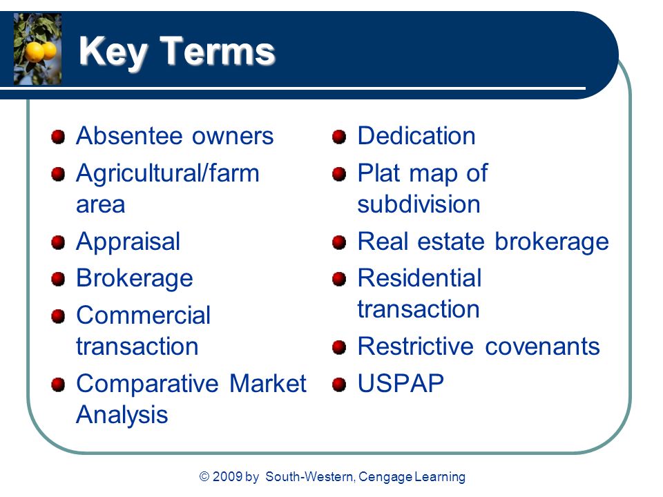 Key Terms Absentee owners Agricultural/farm area Appraisal Brokerage Commercial transaction Comparative Market Analysis Dedication Plat map of subdivision Real estate brokerage Residential transaction Restrictive covenants USPAP