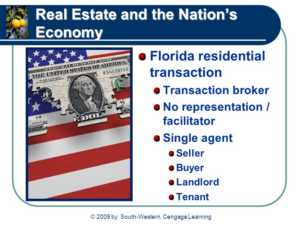 © 2009 by South-Western, Cengage Learning Real Estate and the Nation’s Economy Florida residential transaction Transaction broker No representation / facilitator Single agent Seller Buyer Landlord Tenant