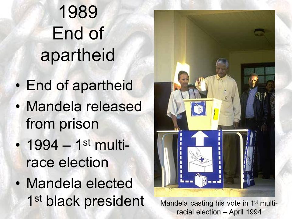 1989 End of apartheid End of apartheid Mandela released from prison 1994 – 1 st multi- race election Mandela elected 1 st black president Mandela casting his vote in 1 st multi- racial election – April 1994