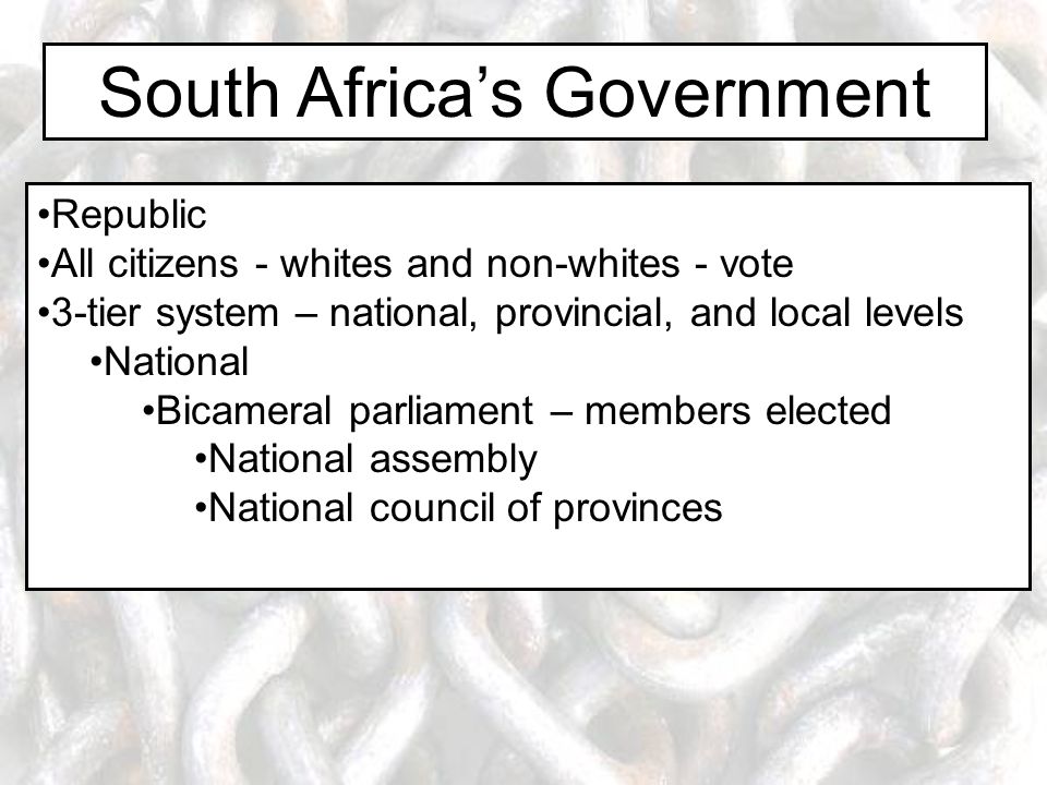 South Africa’s Government Republic All citizens - whites and non-whites - vote 3-tier system – national, provincial, and local levels National Bicameral parliament – members elected National assembly National council of provinces