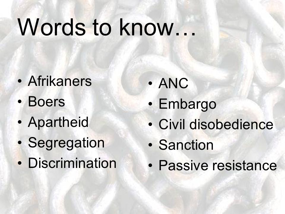 Words to know… Afrikaners Boers Apartheid Segregation Discrimination ANC Embargo Civil disobedience Sanction Passive resistance