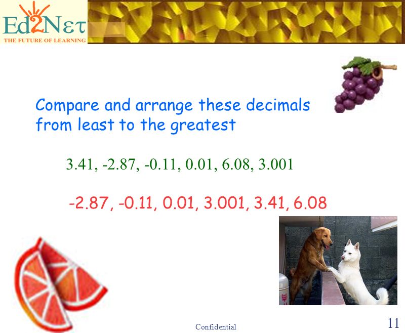 Confidential 10 We can also compare two Decimals by comparing the digits in each place value position T O.
