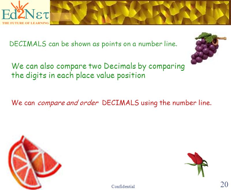Confidential 19 6/1/1 Comparing and Ordering Integers Let s Review Decimals are numbers, with a decimal point in it, like 5.12, 4.33, The digits of the number to the left of the decimal point represent the whole number Digits on the right of the point are decimal fractions Digits after the decimal point are read individually.