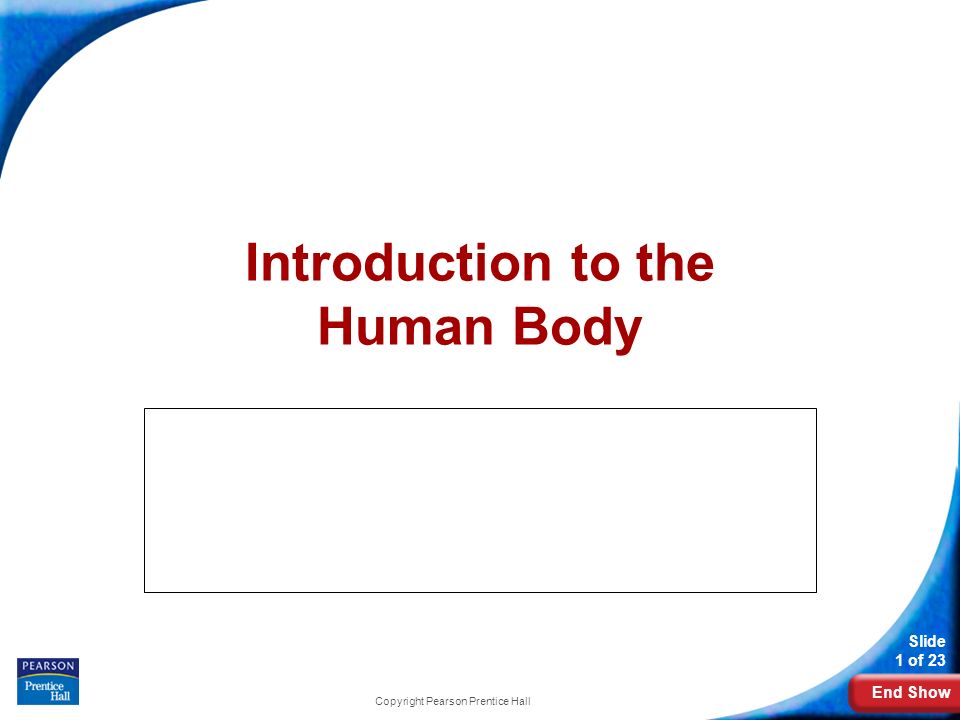 End Show Slide 1 of 23 Copyright Pearson Prentice Hall Introduction to the Human Body