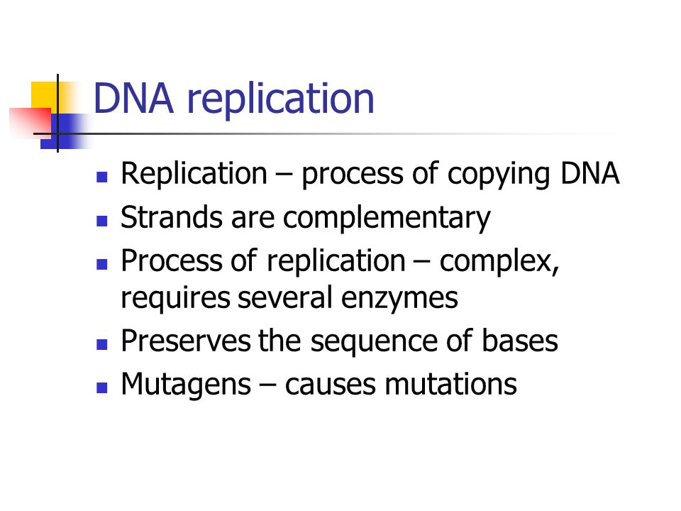 DNA replication Replication – process of copying DNA Strands are complementary Process of replication – complex, requires several enzymes Preserves the sequence of bases Mutagens – causes mutations