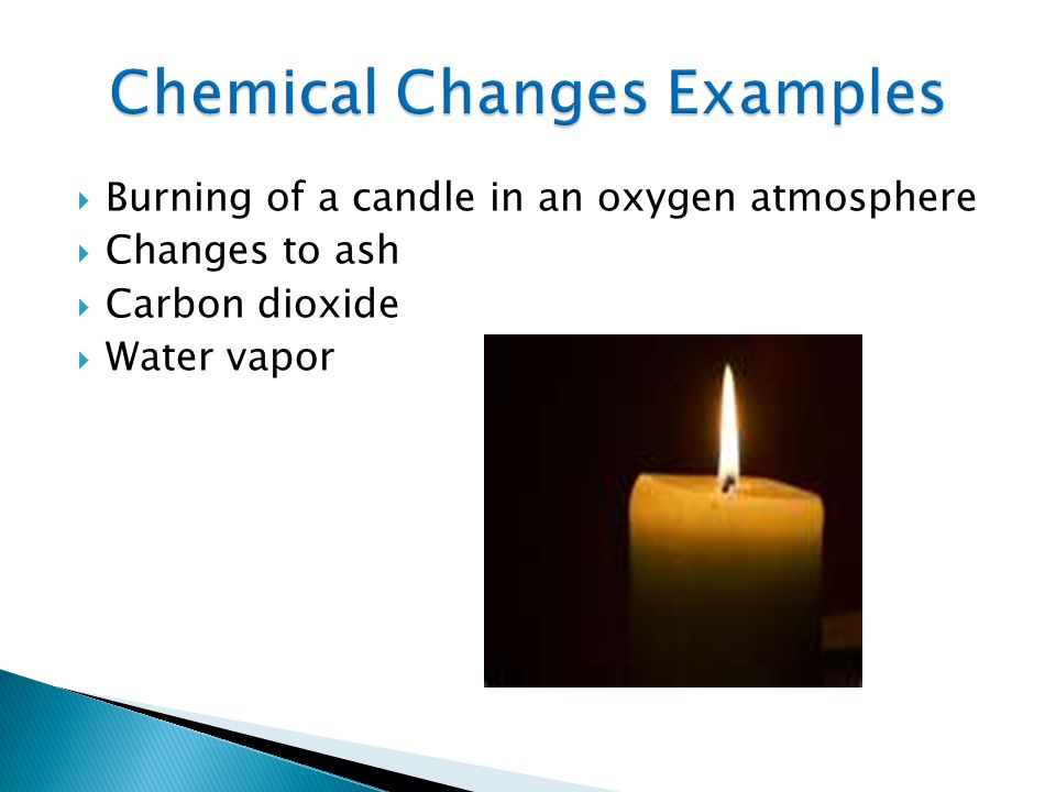 Burning of a candle in an oxygen atmosphere  Changes to ash  Carbon dioxide  Water vapor