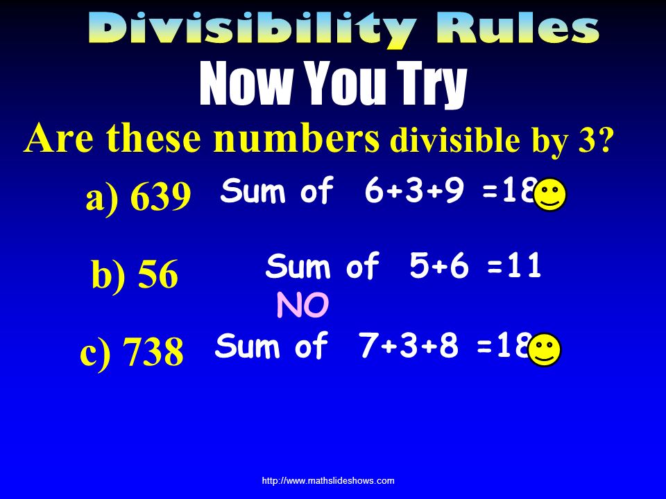 Dividing by 3 A number is divisible by 3 if the sum of the digits is divisible by 3.