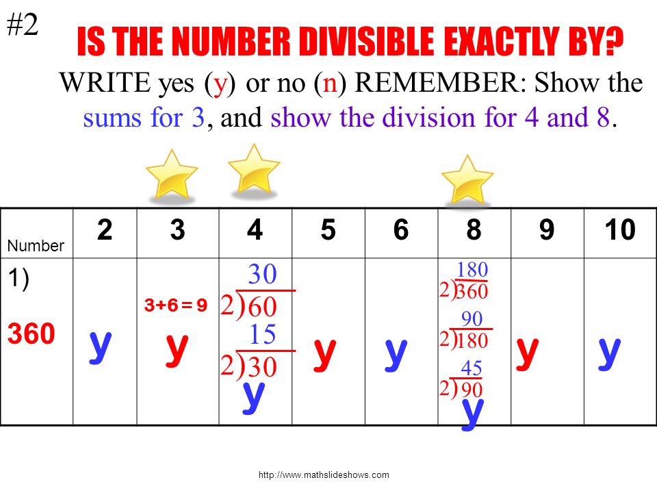 RULES FOR DIVISIBILITY #1 A Number Is Divisible By: IF The last digit is even (0, 2, 4, 6, 8) The last 2 digits are divisible by 4 The sum of the digits is divisible by 3 The last digit is 0 or 5 It is divisible by 2 and 3 The last 3 digits are divisible by 8 The sum of the digits is divisible by 9 The last digit is 0