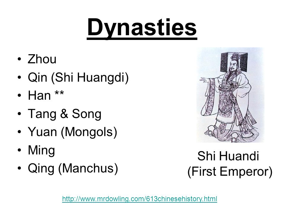 Dynasties Zhou Qin (Shi Huangdi) Han ** Tang & Song Yuan (Mongols) Ming Qing (Manchus) Shi Huandi (First Emperor)