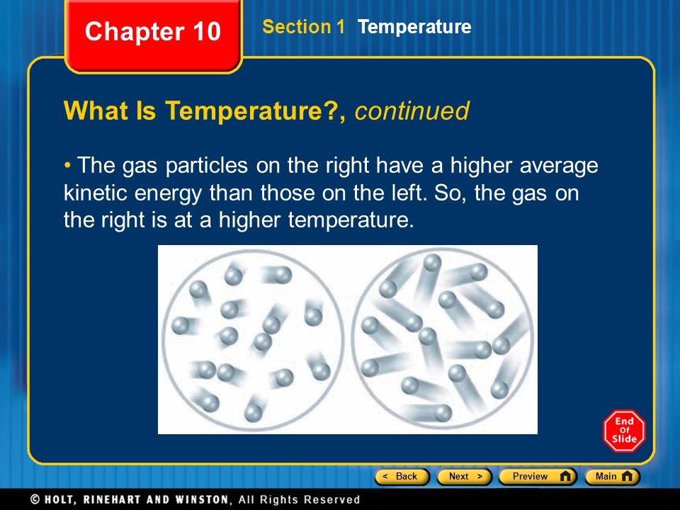 < BackNext >PreviewMain Section 1 Temperature What Is Temperature , continued The gas particles on the right have a higher average kinetic energy than those on the left.