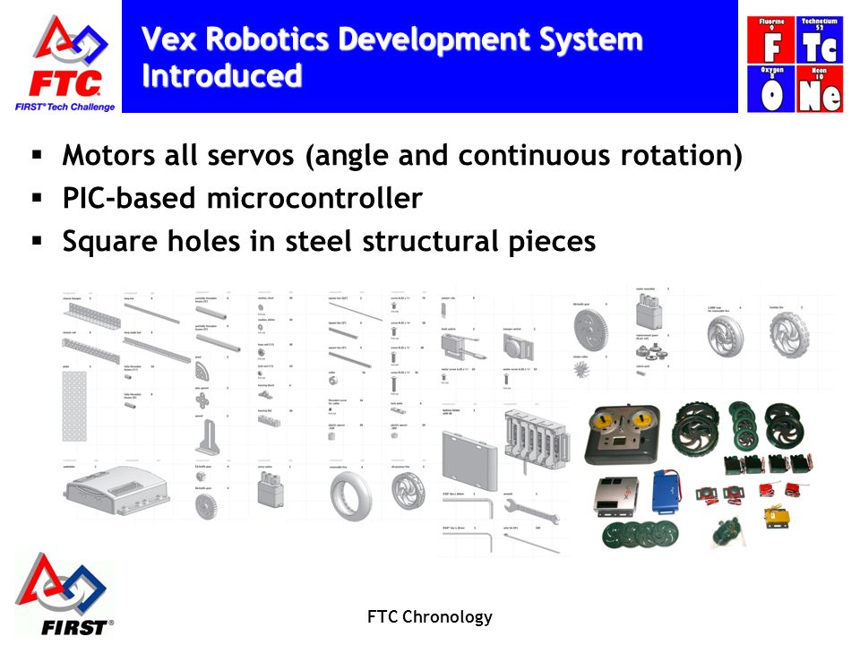 Vex Robotics Development System Introduced  Motors all servos (angle and continuous rotation)  PIC-based microcontroller  Square holes in steel structural pieces FTC Chronology