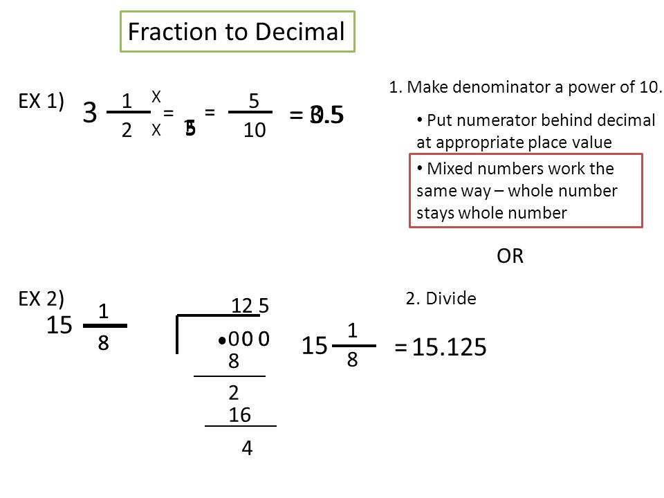 Fraction to Decimal 2. Divide 1 2 EX 1) = 1. Make denominator a power of 10.