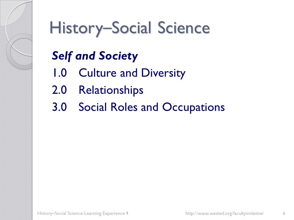 History – Social Science Self and Society 1.0Culture and Diversity 2.0Relationships 3.0Social Roles and Occupations History–Social Science: Learning Experience 4