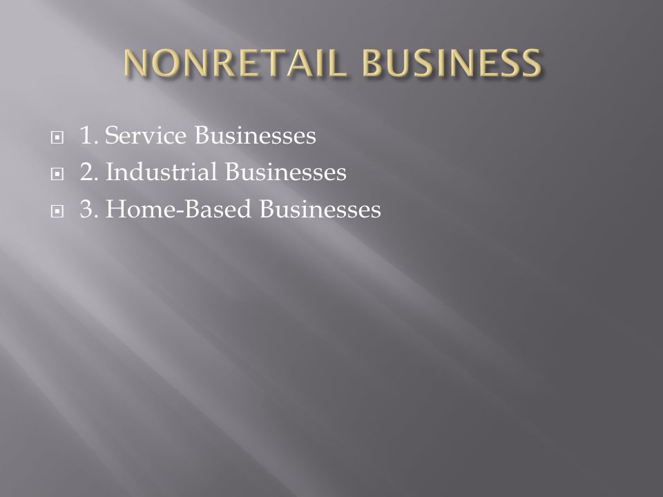  1. Service Businesses  2. Industrial Businesses  3. Home-Based Businesses