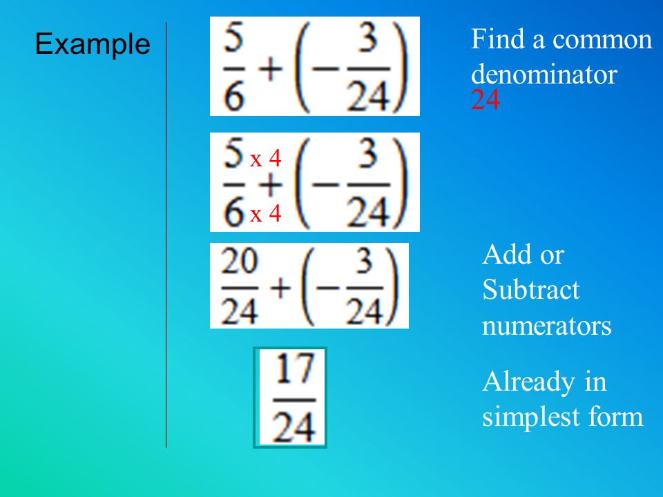 Example Common denominator so add or subtract the numerator Already in simplest form