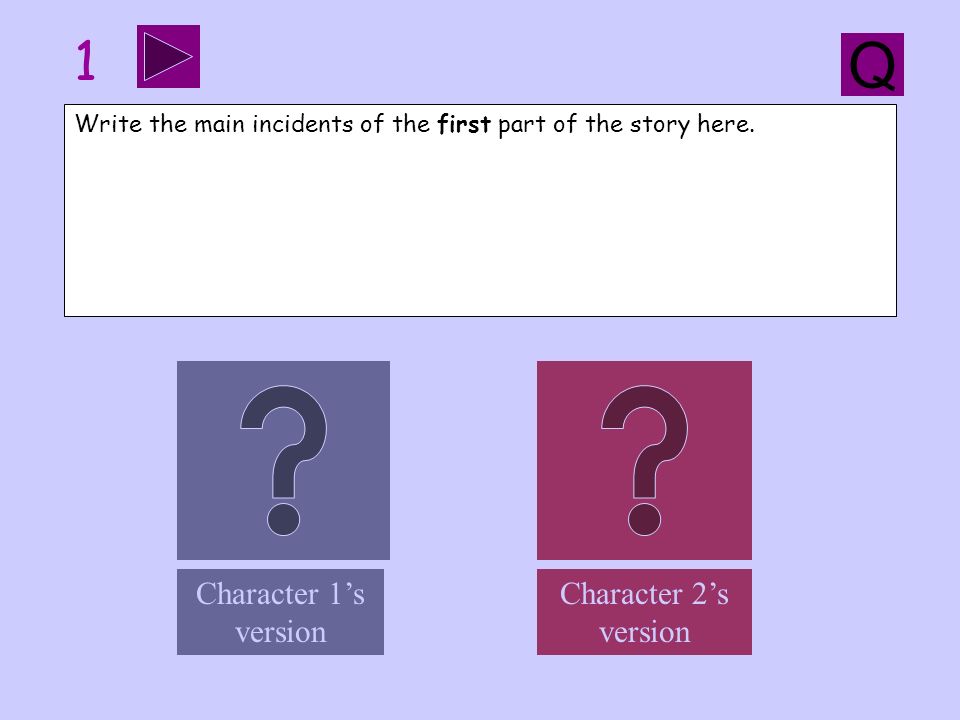 Character 2’s version Character 1’s version Write the main incidents of the first part of the story here.