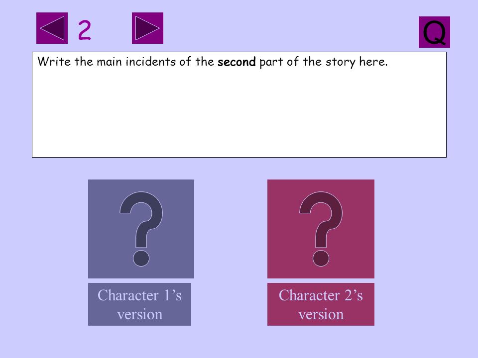 Character 2’s version Character 1’s version Write the main incidents of the second part of the story here.