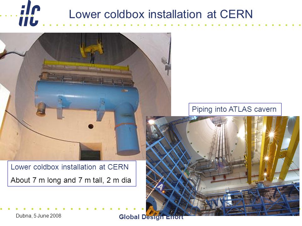 Dubna, 5 June 2008 Global Design Effort Lower coldbox installation at CERN About 7 m long and 7 m tall, 2 m dia Piping into ATLAS cavern