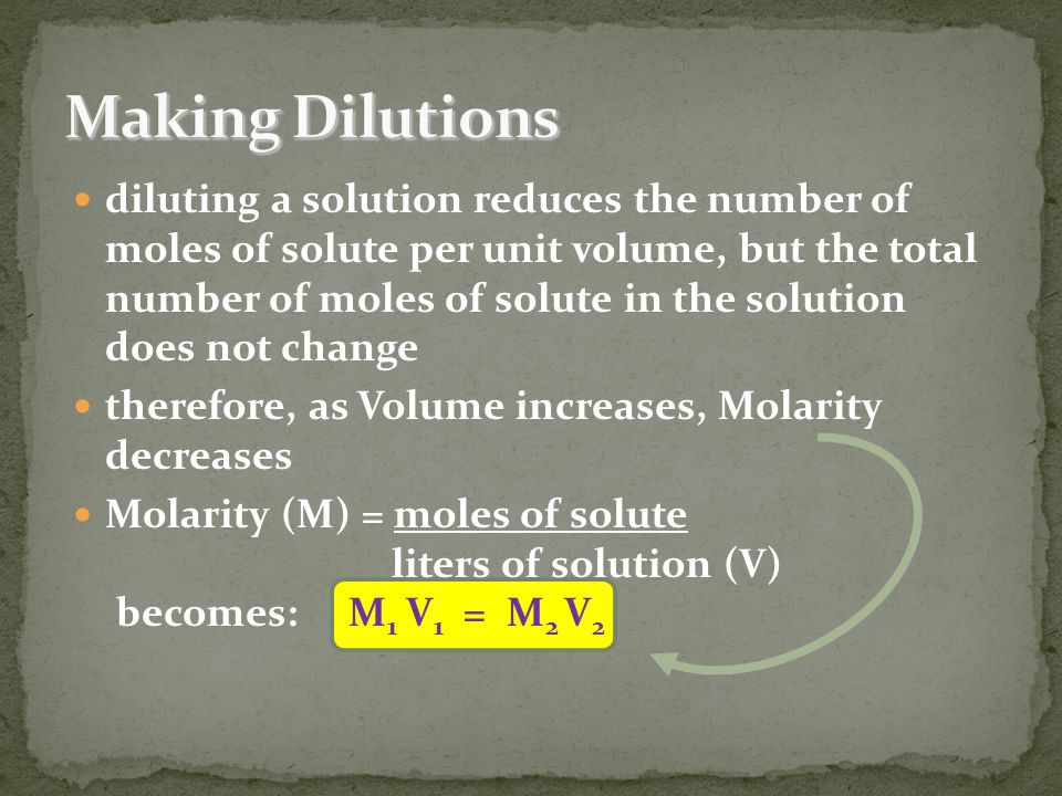 diluting a solution reduces the number of moles of solute per unit volume, but the total number of moles of solute in the solution does not change therefore, as Volume increases, Molarity decreases Molarity (M) = moles of solute liters of solution (V) becomes: M 1 V 1 = M 2 V 2