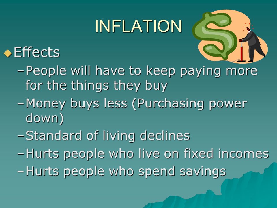 INFLATION  Effects –People will have to keep paying more for the things they buy –Money buys less (Purchasing power down) –Standard of living declines –Hurts people who live on fixed incomes –Hurts people who spend savings