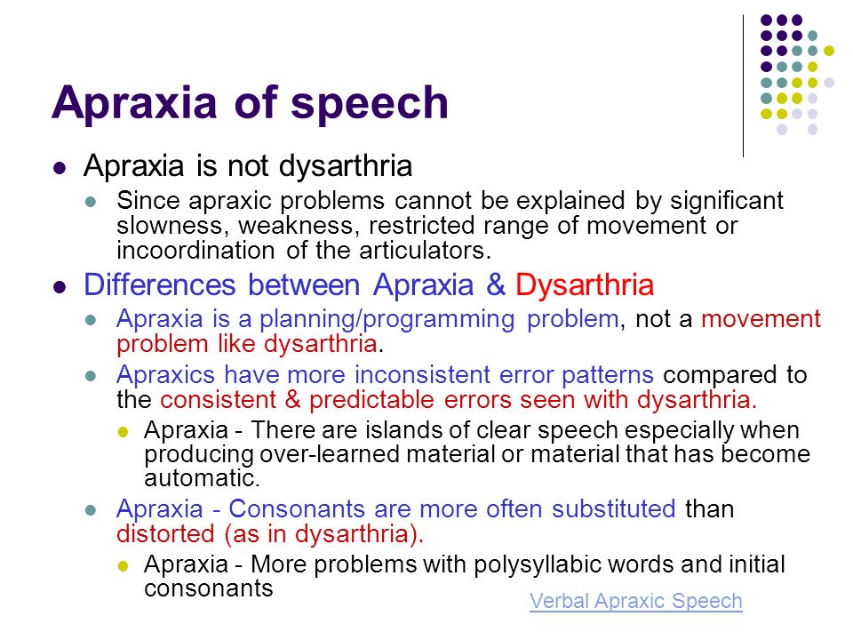 dysarthria and apraxia Apraxia & dysarthria are both considered motor speech disorders (notice speech versus aphasia--language) apraxia: main issue= planning & programming of motor. dysarthria and apraxia Apraxia & dysarthria are both considered motor speech disorders (notice speech versus aphasia--language) apraxia: main issue= planning & programming of motor.