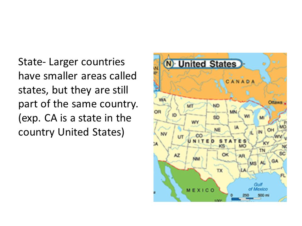 State- Larger countries have smaller areas called states, but they are still part of the same country.