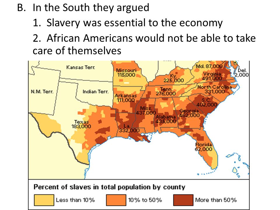 B.In the South they argued 1. Slavery was essential to the economy 2.