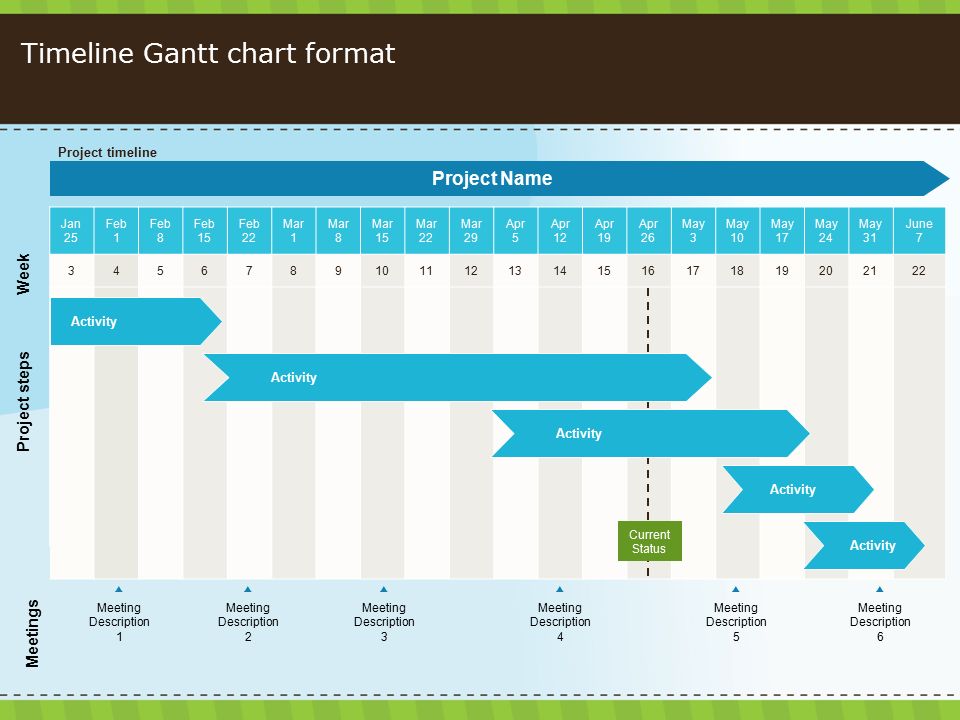 Timeline Gantt chart format Jan 25 Feb 1 Feb 8 Feb 15 Feb 22 Mar 1 Mar 8 Mar 15 Mar 22 Mar 29 Apr 5 Apr 12 Apr 19 Apr 26 May 3 May 10 May 17 May 24 May 31 June Project Name Week Project steps Meetings Activity Current Status ▲ Meeting Description 1 Project timeline ▲ Meeting Description 2 ▲ Meeting Description 3 ▲ Meeting Description 4 ▲ Meeting Description 5 ▲ Meeting Description 6