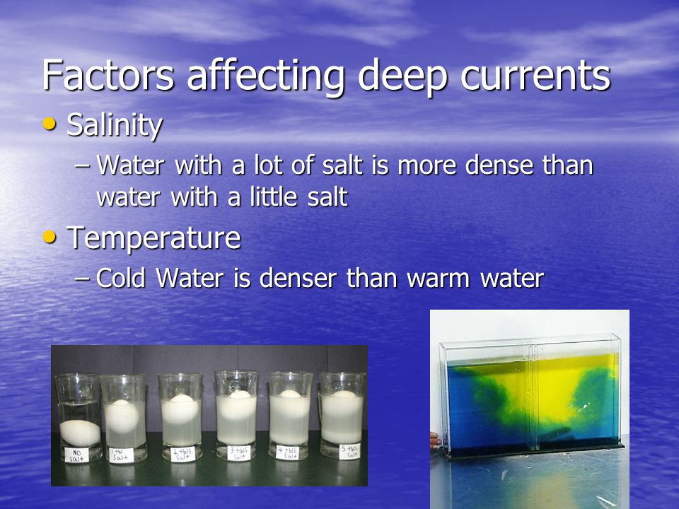 Factors affecting deep currents Salinity Salinity –Water with a lot of salt is more dense than water with a little salt Temperature Temperature –Cold Water is denser than warm water