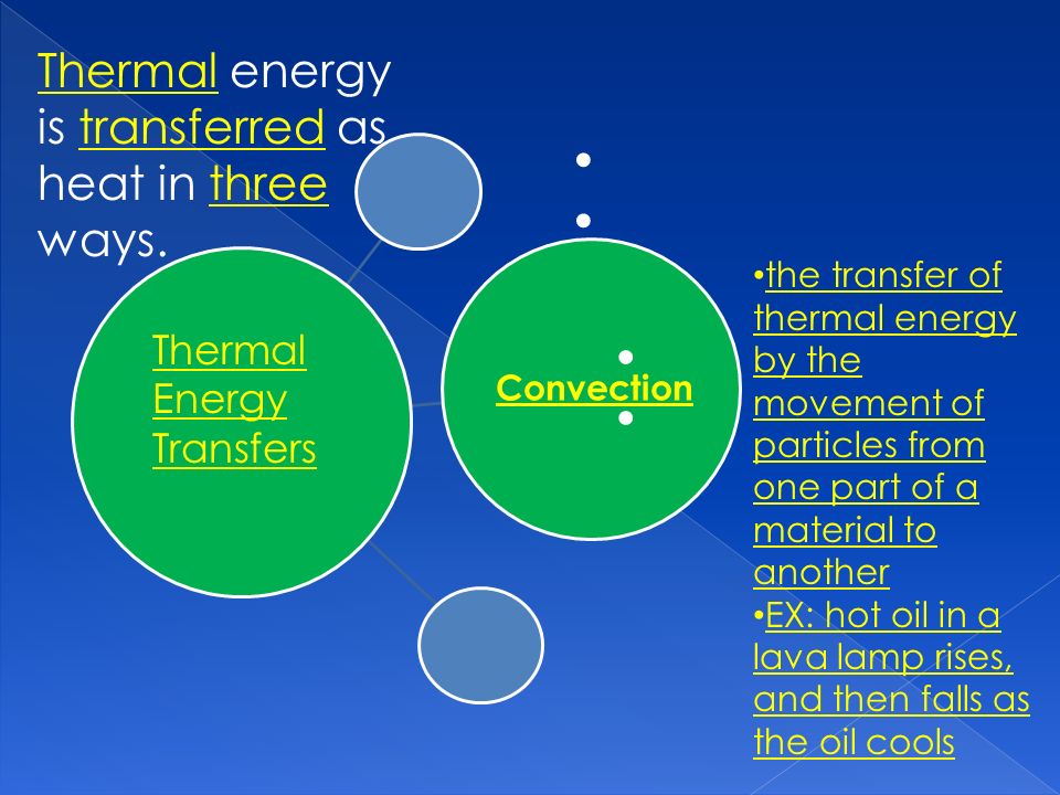 Convection Thermal Energy Transfers Thermal energy is transferred as heat in three ways.