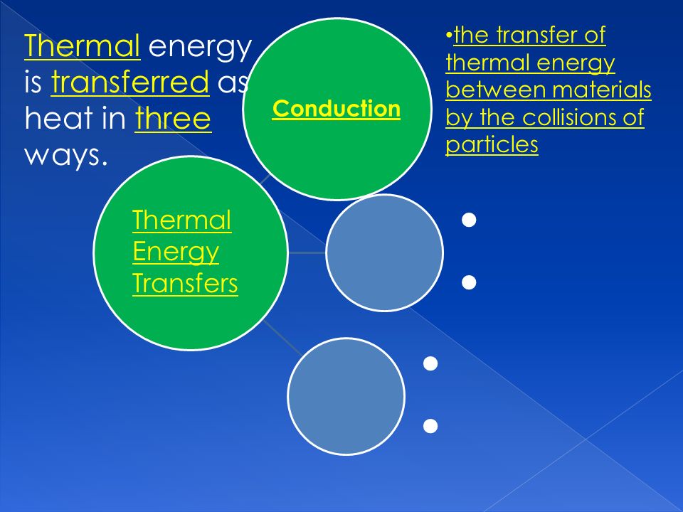 Conduction Thermal Energy Transfers Thermal energy is transferred as heat in three ways.