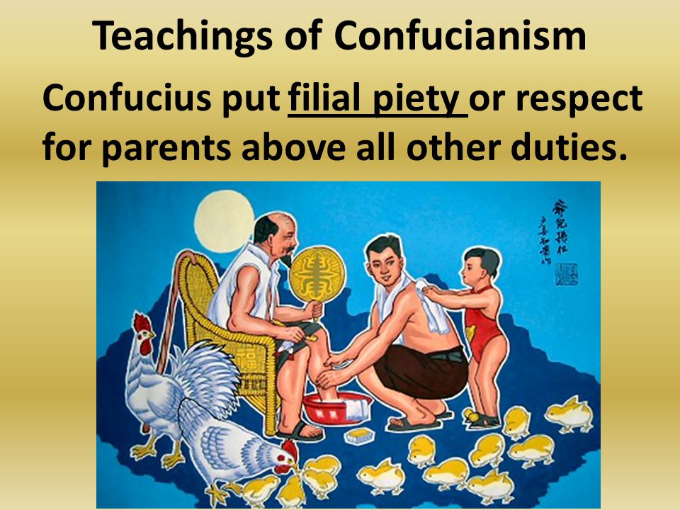 Teachings of Confucianism Confucius put filial piety or respect for parents above all other duties.
