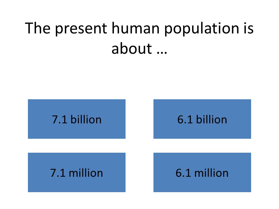 The present human population is about … 7.1 billion6.1 billion 7.1 million6.1 million