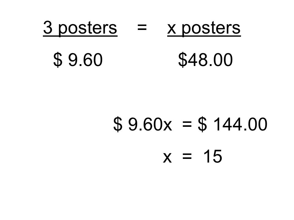 3 posters = x posters $ 9.60 $48.00 $ 9.60x = $ x = 15