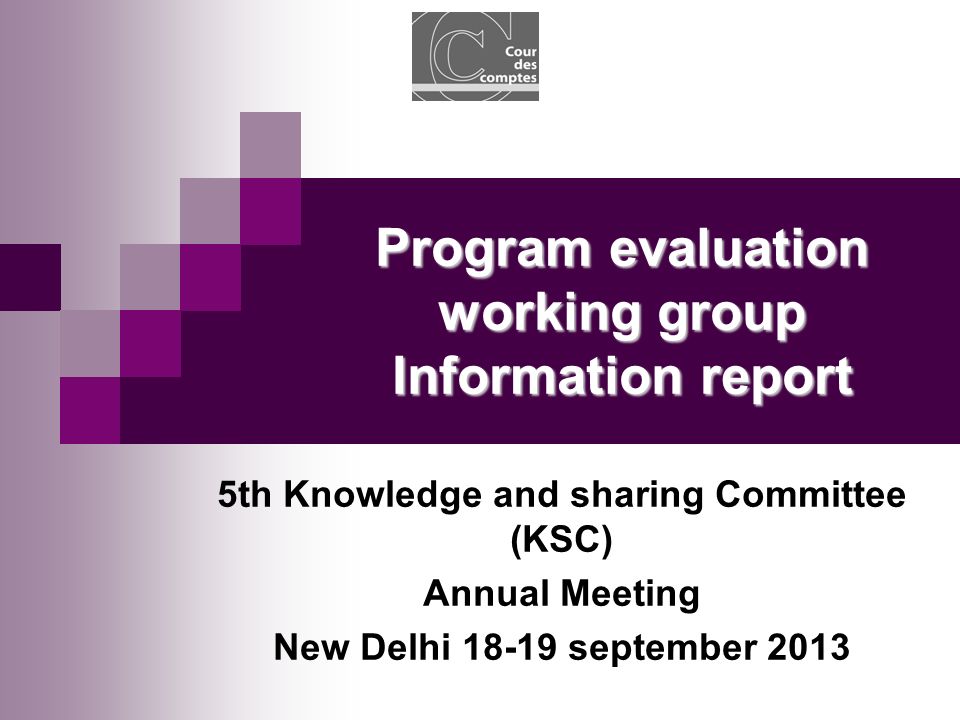 Program evaluation working group Information report 5th Knowledge and sharing Committee (KSC) Annual Meeting New Delhi september 2013