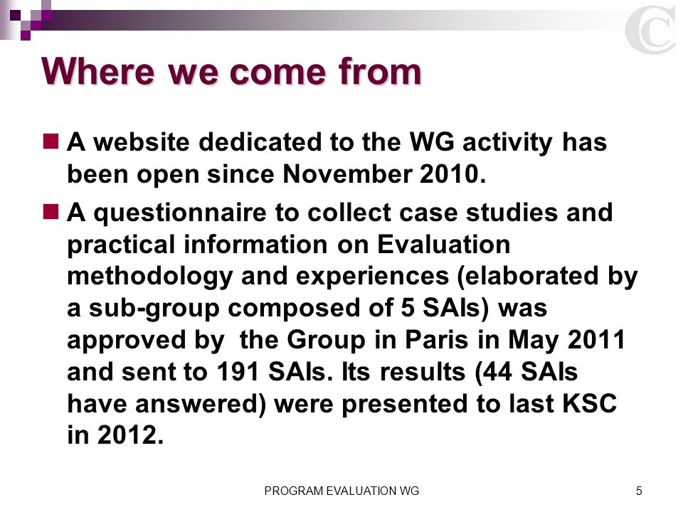 Where we come from A website dedicated to the WG activity has been open since November 2010.