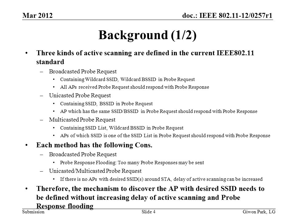 doc.: IEEE /0257r1 Submission Background (1/2) Three kinds of active scanning are defined in the current IEEE standard –Broadcasted Probe Request Containing Wildcard SSID, Wildcard BSSID in Probe Request All APs received Probe Request should respond with Probe Response –Unicasted Probe Request Containing SSID, BSSID in Probe Request AP which has the same SSID/BSSID in Probe Request should respond with Probe Response –Multicasted Probe Request Containing SSID List, Wildcard BSSID in Probe Request APs of which SSID is one of the SSID List in Probe Request should respond with Probe Response Each method has the following Cons.