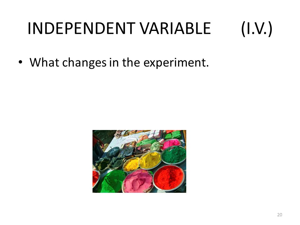 INDEPENDENT VARIABLE (I.V.) What changes in the experiment. 20