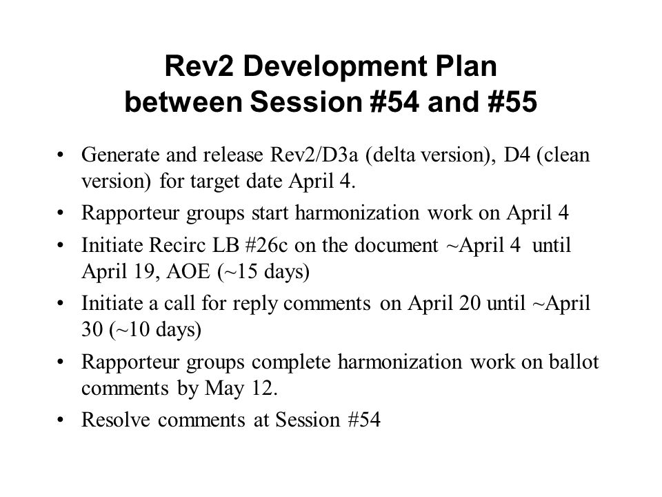Rev2 Development Plan between Session #54 and #55 Generate and release Rev2/D3a (delta version), D4 (clean version) for target date April 4.