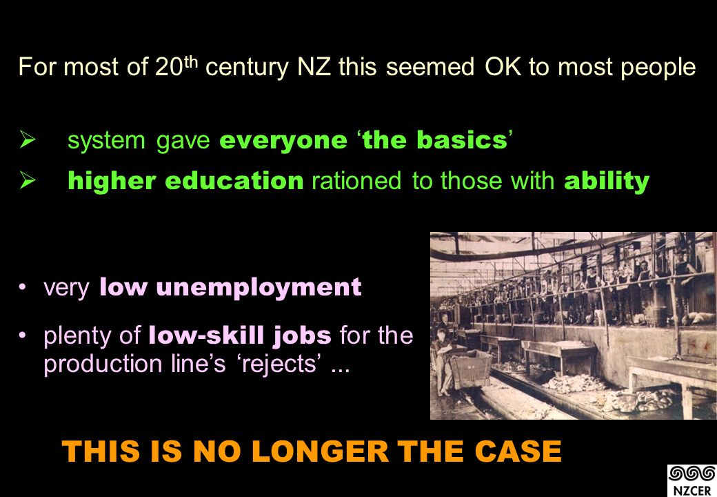 For most of 20 th century NZ this seemed OK to most people  system gave everyone ‘ the basics ’  higher education rationed to those with ability THIS IS NO LONGER THE CASE very low unemployment plenty of low-skill jobs for the production line’s ‘rejects’...