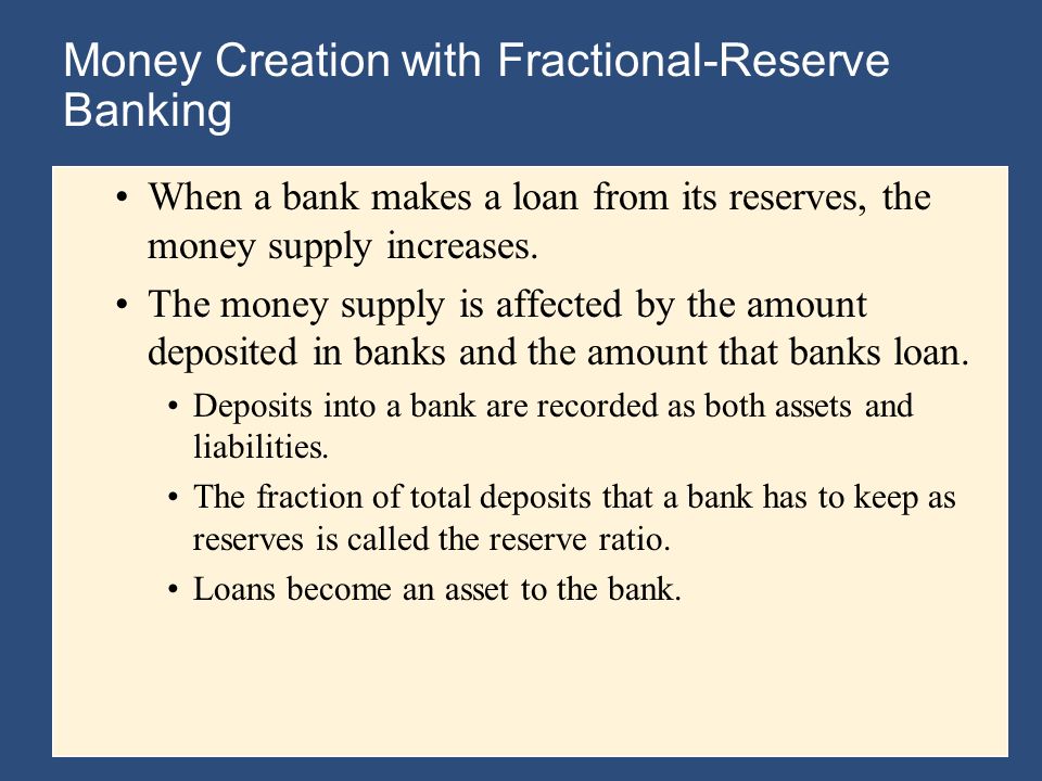 Money Creation with Fractional-Reserve Banking When a bank makes a loan from its reserves, the money supply increases.
