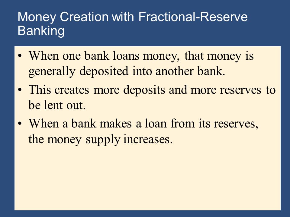 Money Creation with Fractional-Reserve Banking When one bank loans money, that money is generally deposited into another bank.