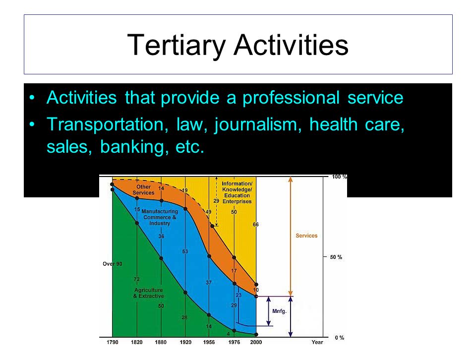 Tertiary Activities Activities that provide a professional service Transportation, law, journalism, health care, sales, banking, etc.