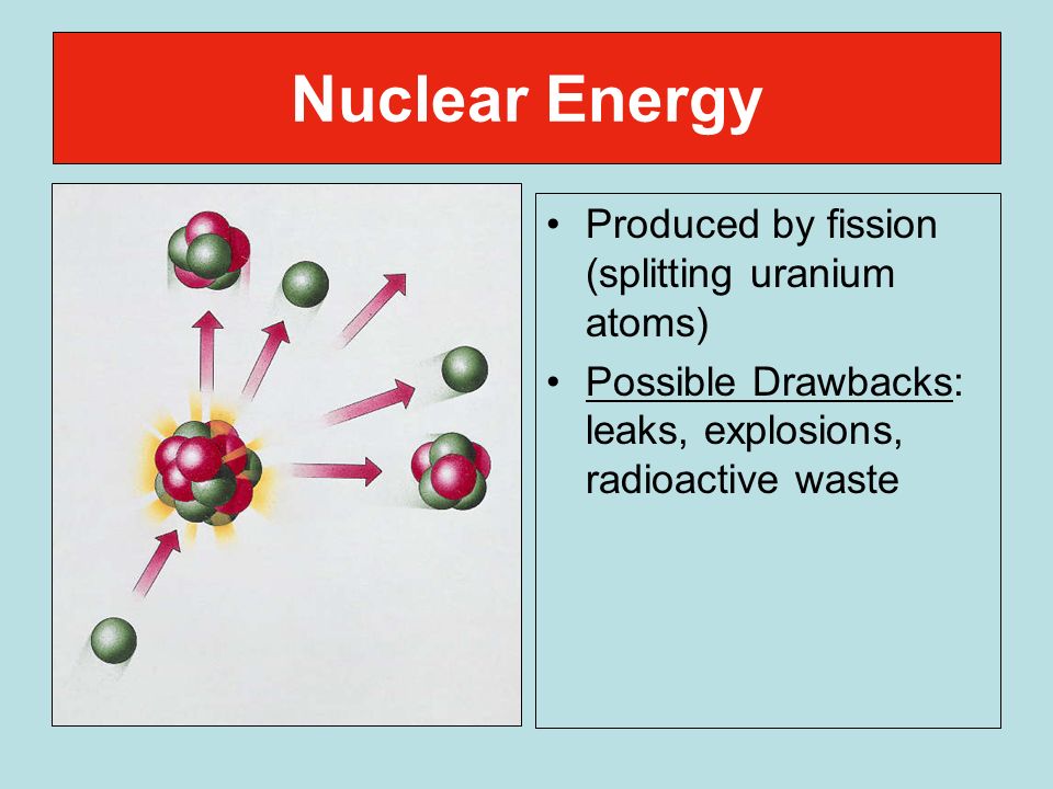 Nuclear Energy Produced by fission (splitting uranium atoms) Possible Drawbacks: leaks, explosions, radioactive waste