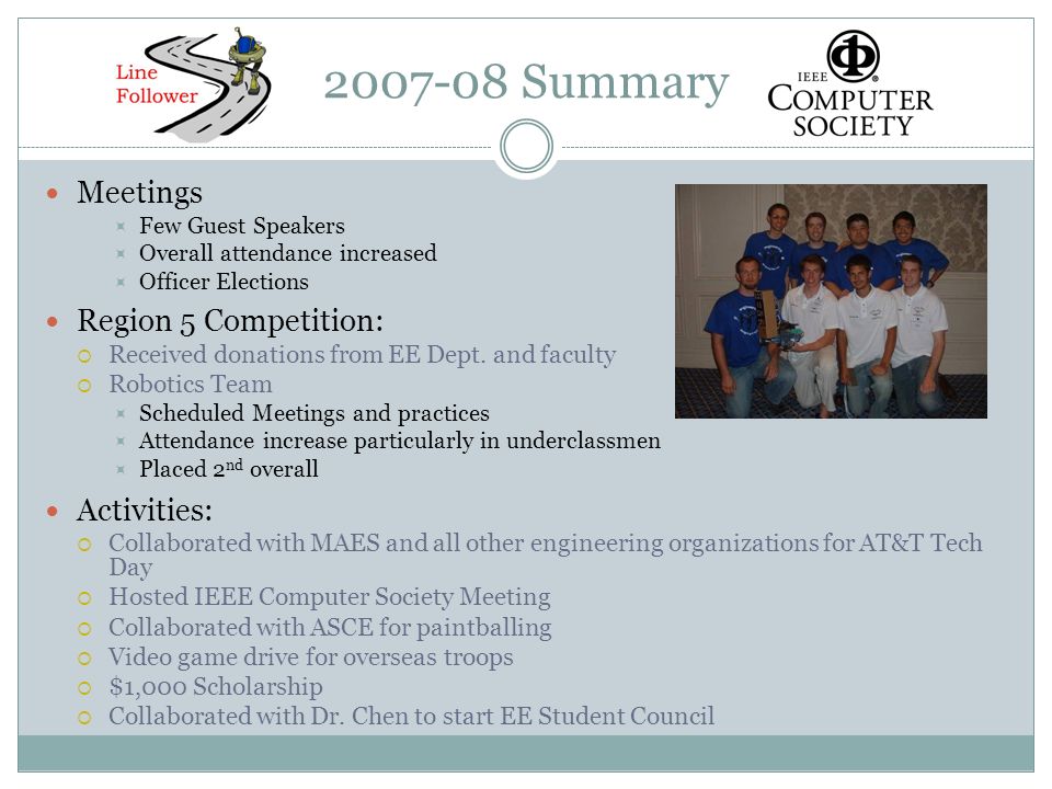 Summary Meetings  Few Guest Speakers  Overall attendance increased  Officer Elections Region 5 Competition:  Received donations from EE Dept.