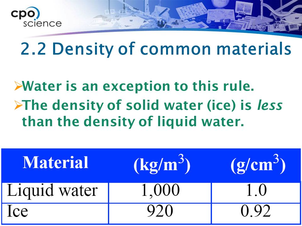 2.2 Density of common materials  Water is an exception to this rule.